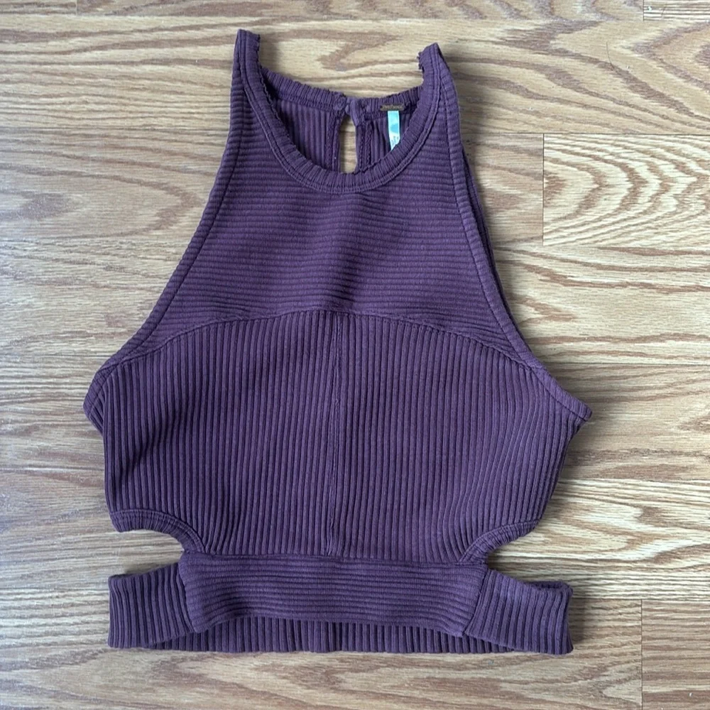 Free People Burgundy Cropped Ribbed Tank Top with Cutouts Size XS‎